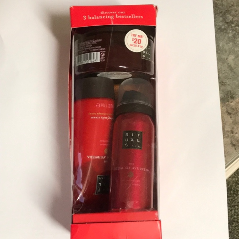 The Ritual of  Ayurveda shower gel, salt scrub, and body cream trio